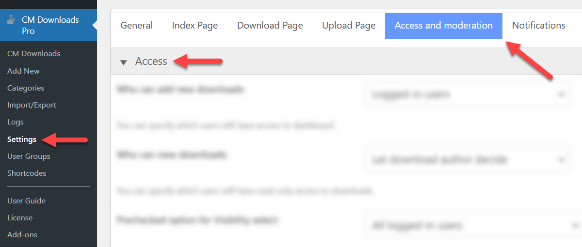 Navigation to Access and Moderation settings - WP File Download Plugin