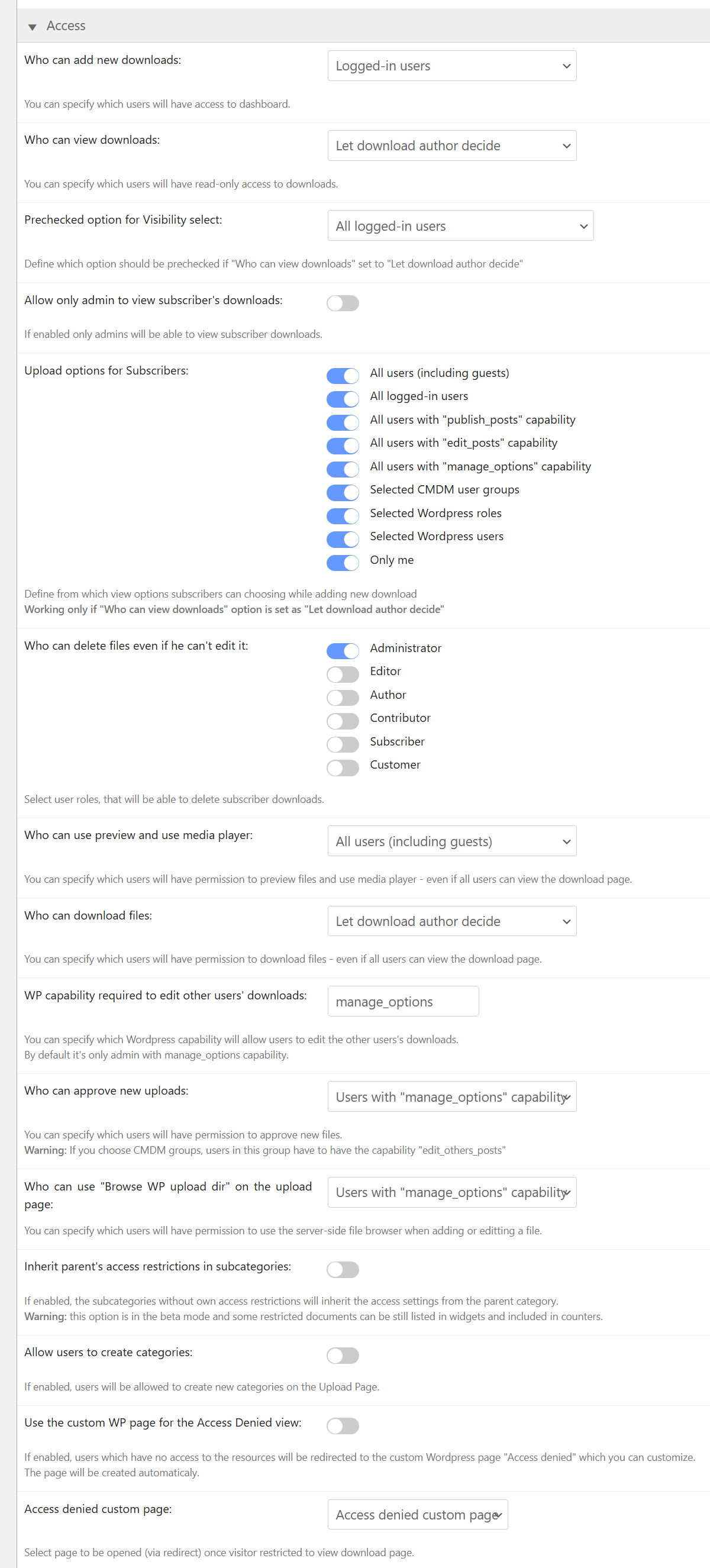 Access and Moderation settings - File Manager Plugin for WordPress