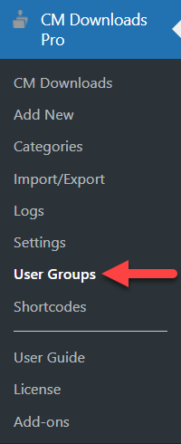 Navigation to the User Groups settings - WP File Download Plugin