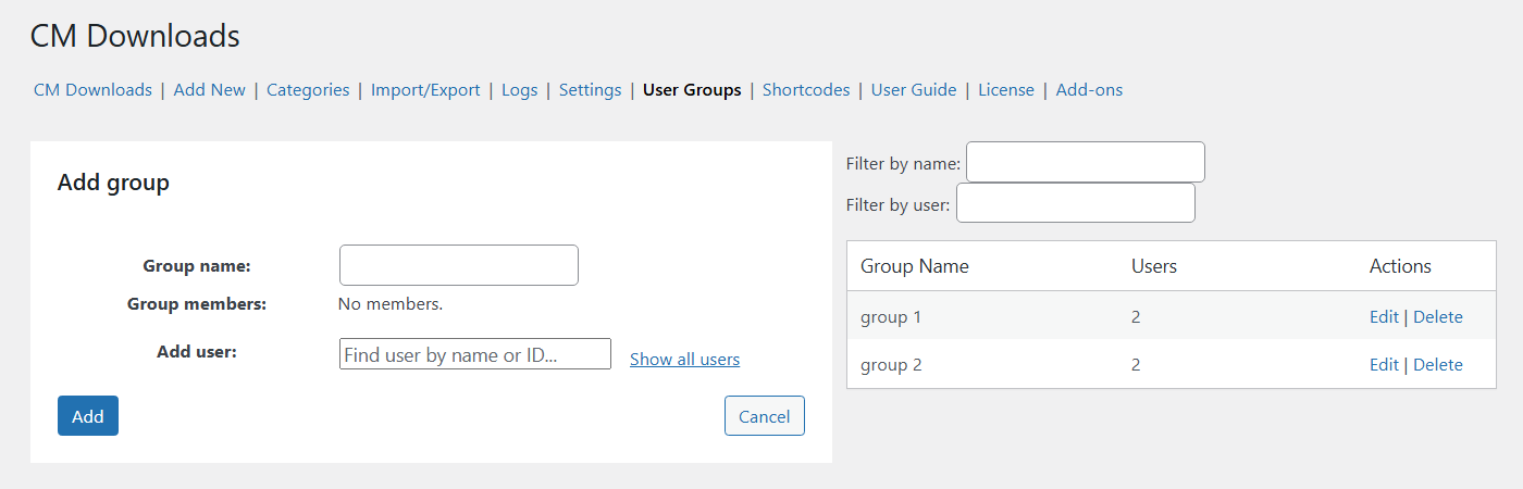 User Groups Management - File Manager Plugin for WordPress