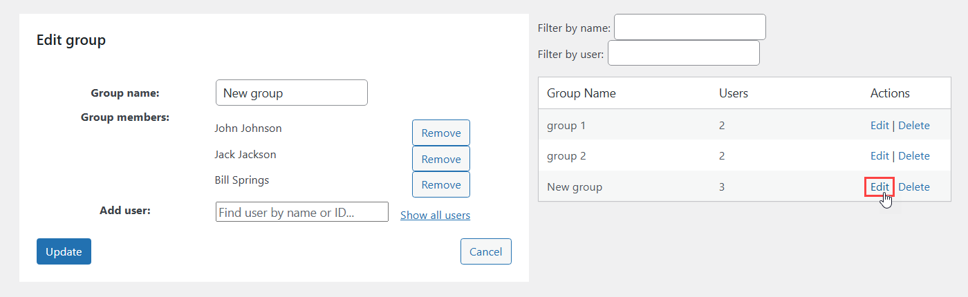 Editing the user group - File Manager WordPress