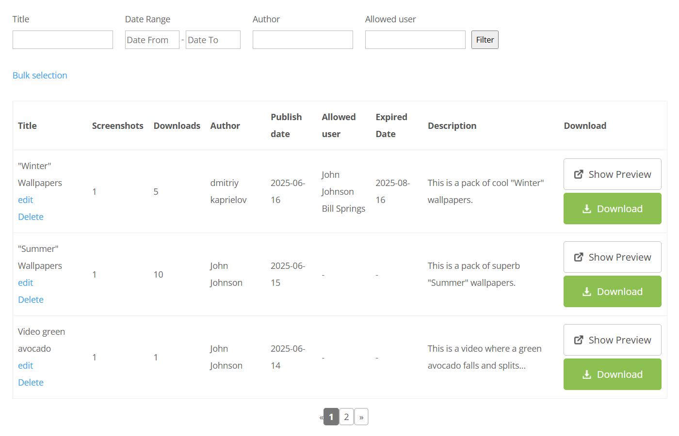 Front-end result of using the shortcode for displaying downloads table - File Download Plugin