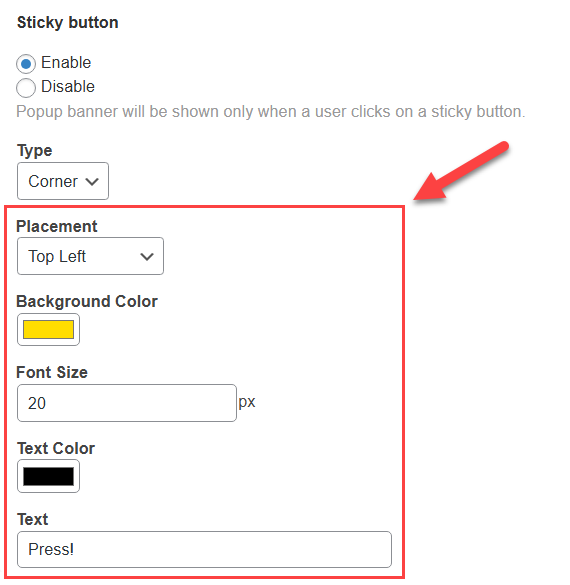 Setting up corner type - Timed Popup WordPress Plugin