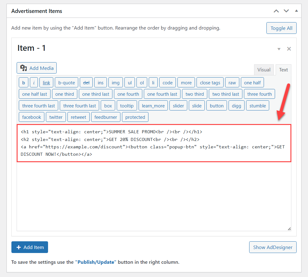 Using text editor - Popup Campaign Plugin