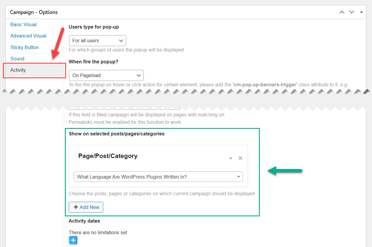 Choosing the destination - WP Popup Plugin