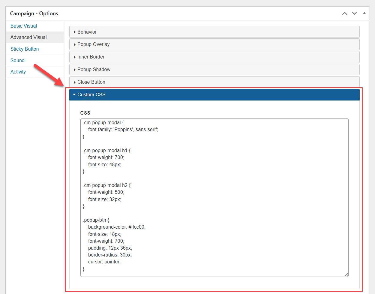Adding custom CSS code - WordPress Popups