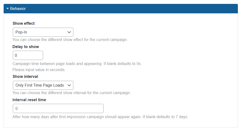 Behavior settings - Popup Campaign Plugin