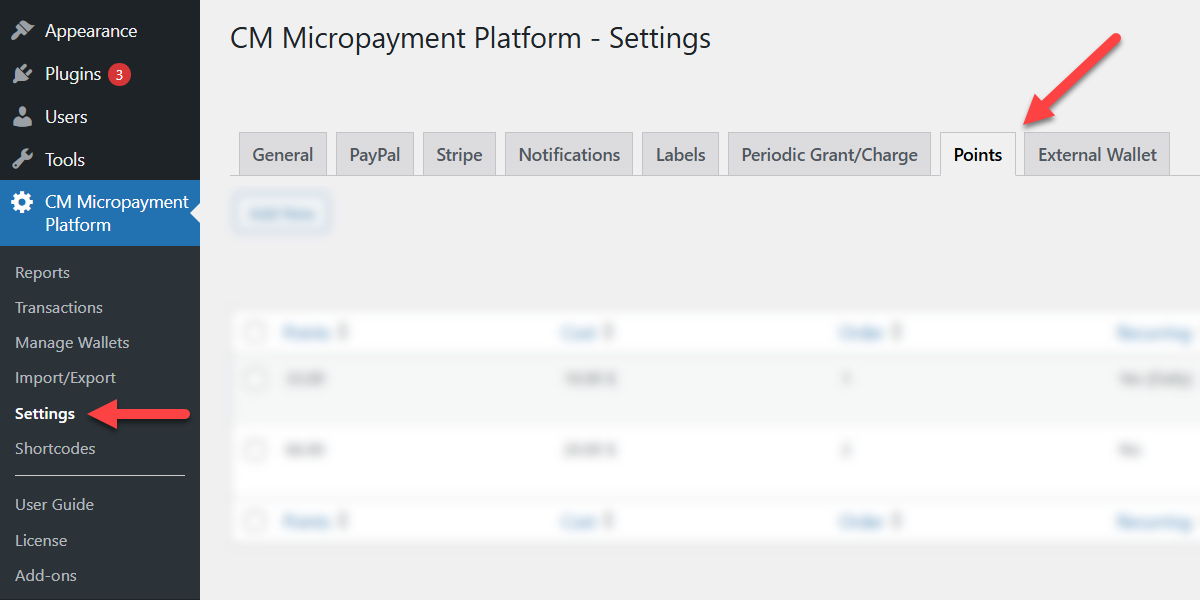 Navigation to the Points settings - MicroPayments Platform Plugin