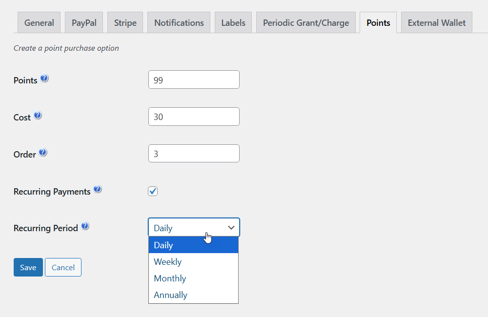 Adding new points value - WordPress MicroPayments Plugin