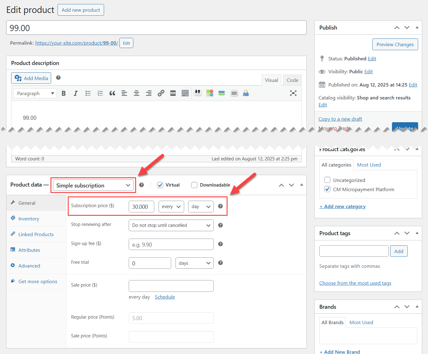 Recurring WooCommerce product - WordPress MicroPayments Plugin