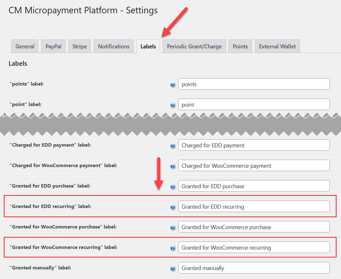 Labels settings - MicroPayments Platform Plugin