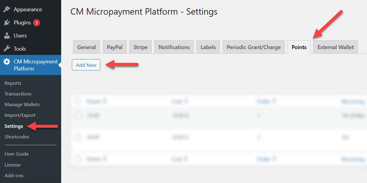 Adding new points value - WordPress User Wallet Credit System