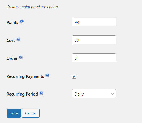 Setting up the cost of points - WordPress Point System