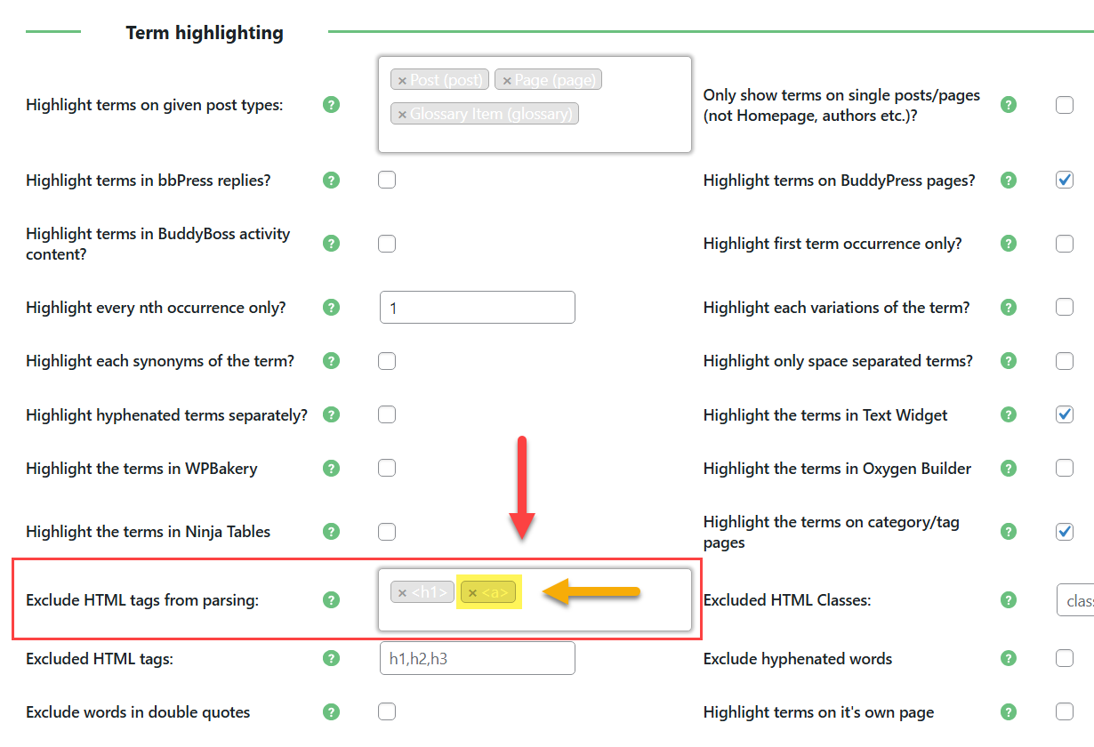 Excluding <a> tag from parsing - Glossary Plugin WordPress