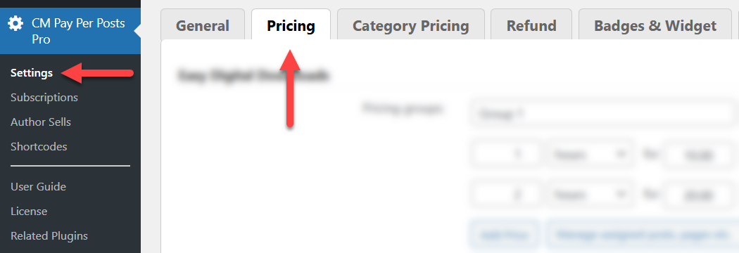 Navigation to the pricing settings - WordPress Paywall Plugin