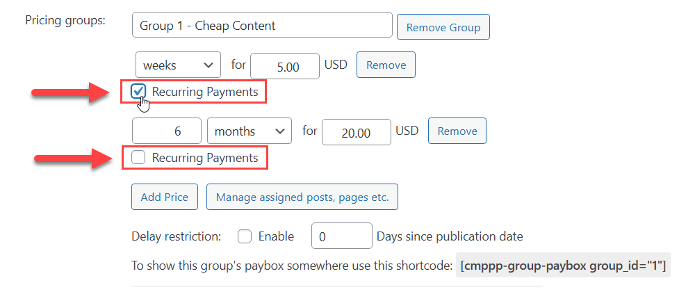 Enabling recurring payment for a price - WordPress Paywall Plugin