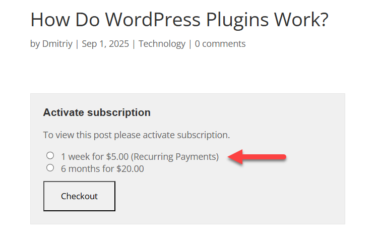 Front-end example - Paywall Plugin WordPress