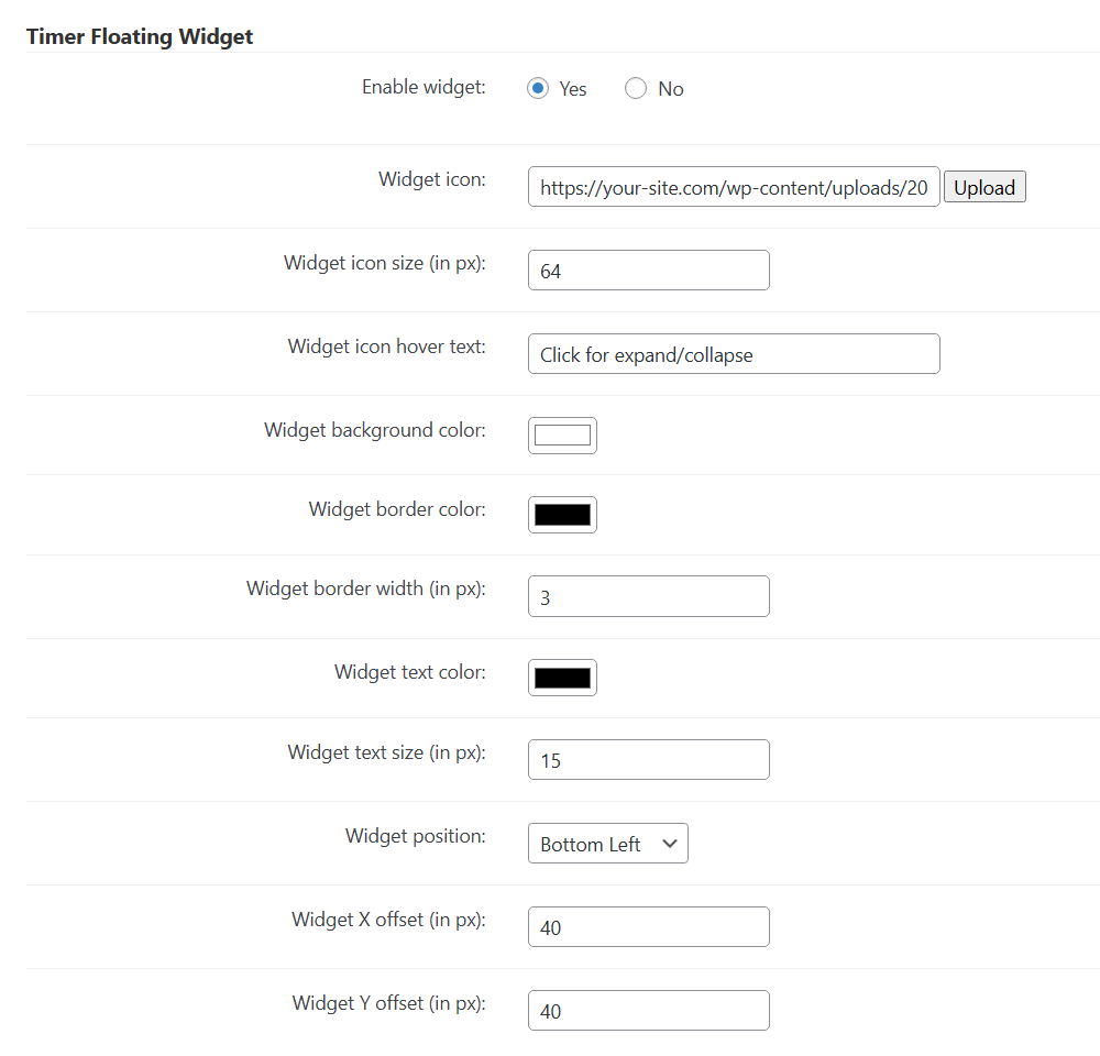 Timer floating widget settings - Paywall Plugin WordPress