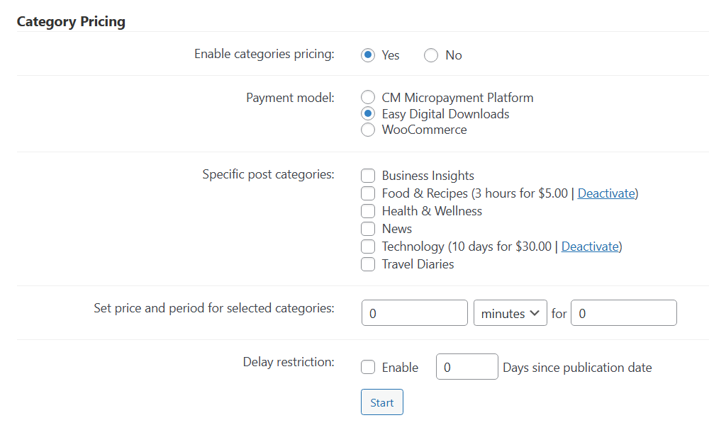 Category pricing settings - WordPress Paywall Plugin