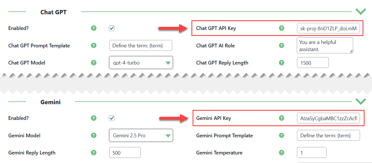 ChatGPT and Gemini integration settings - Knowledge Base WordPress Plugin