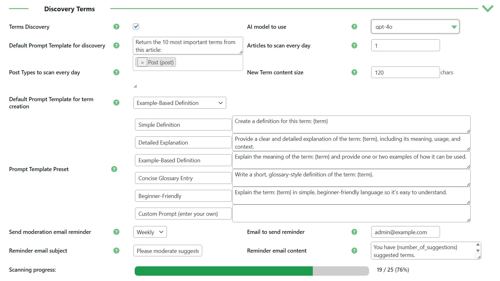 Discovery terms settings - Glossary Plugin WordPress