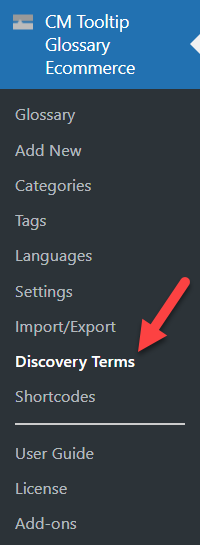 Navigation to the discovery terms dashboard - Wiki Plugin for WordPress