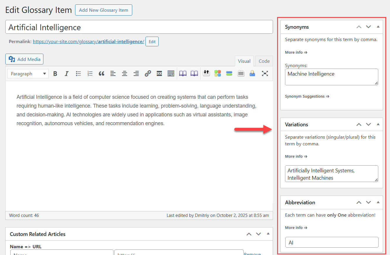 Synonyms, variations nad abbreviation example - Wiki WordPress Plugin
