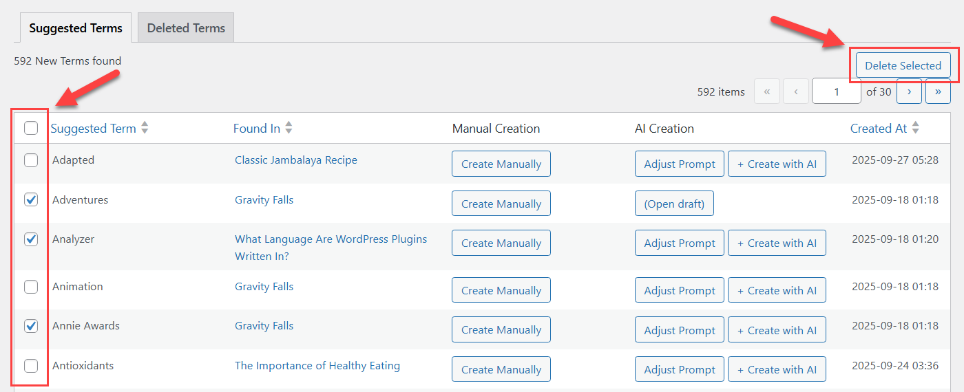 Deleting terms - WordPress Internal Linking Plugin