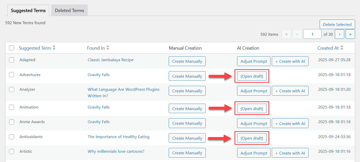 Reviewing created terms drafts - Tooltip WordPress Plugin