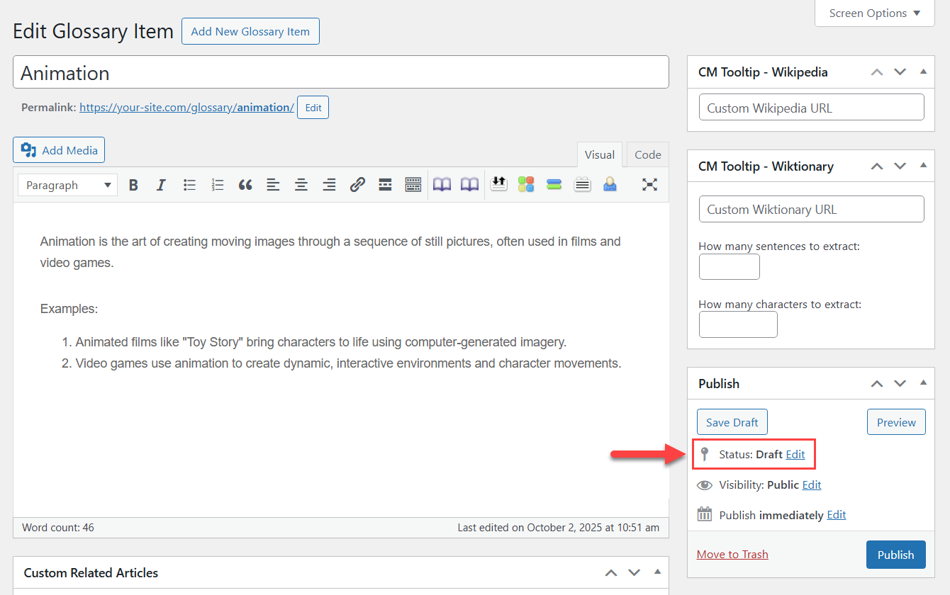Example of the created term - Wiki Plugin for WordPress