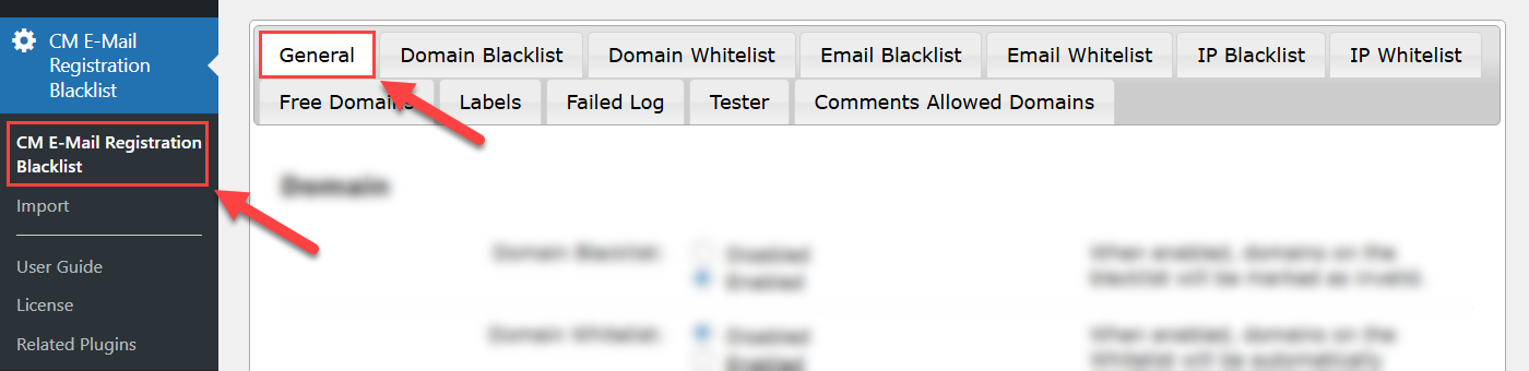 Navigation to the plugin settings - WordPress Email Blacklist Plugin