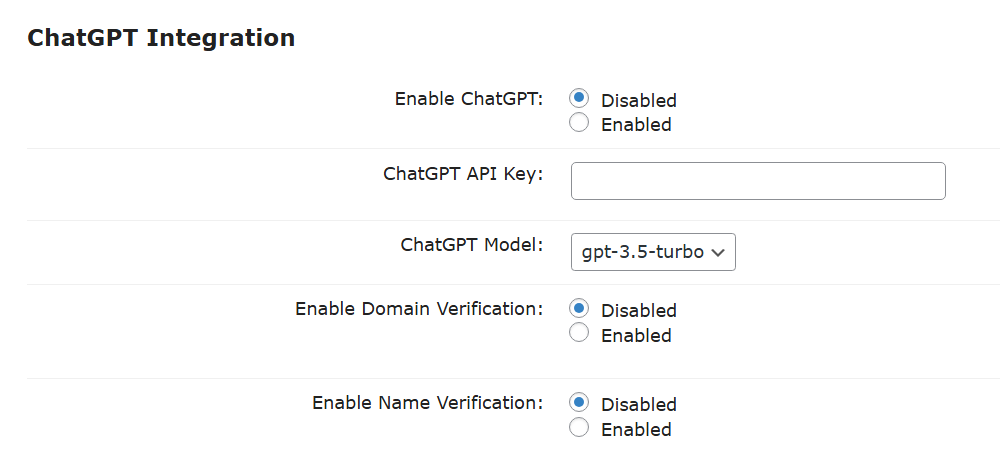 ChatGPT integration settings - Domain Blacklist Plugin
