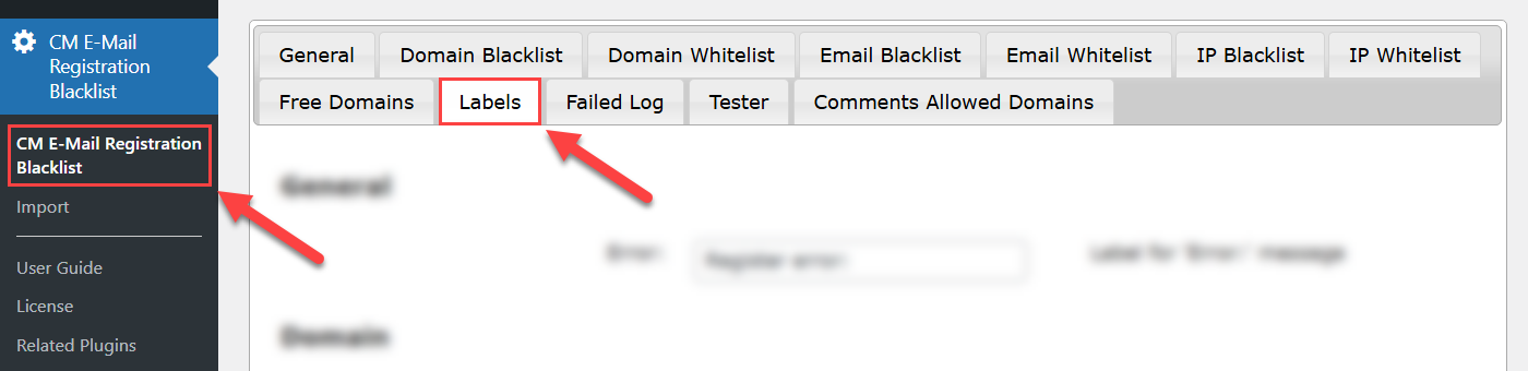 Navigation to the labels settings - WordPress Email Registration Blacklist