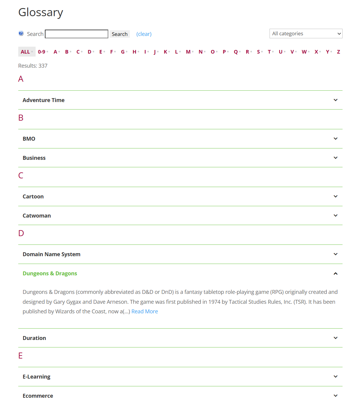 Accordion view 2 example - WordPress Glossary Plugin