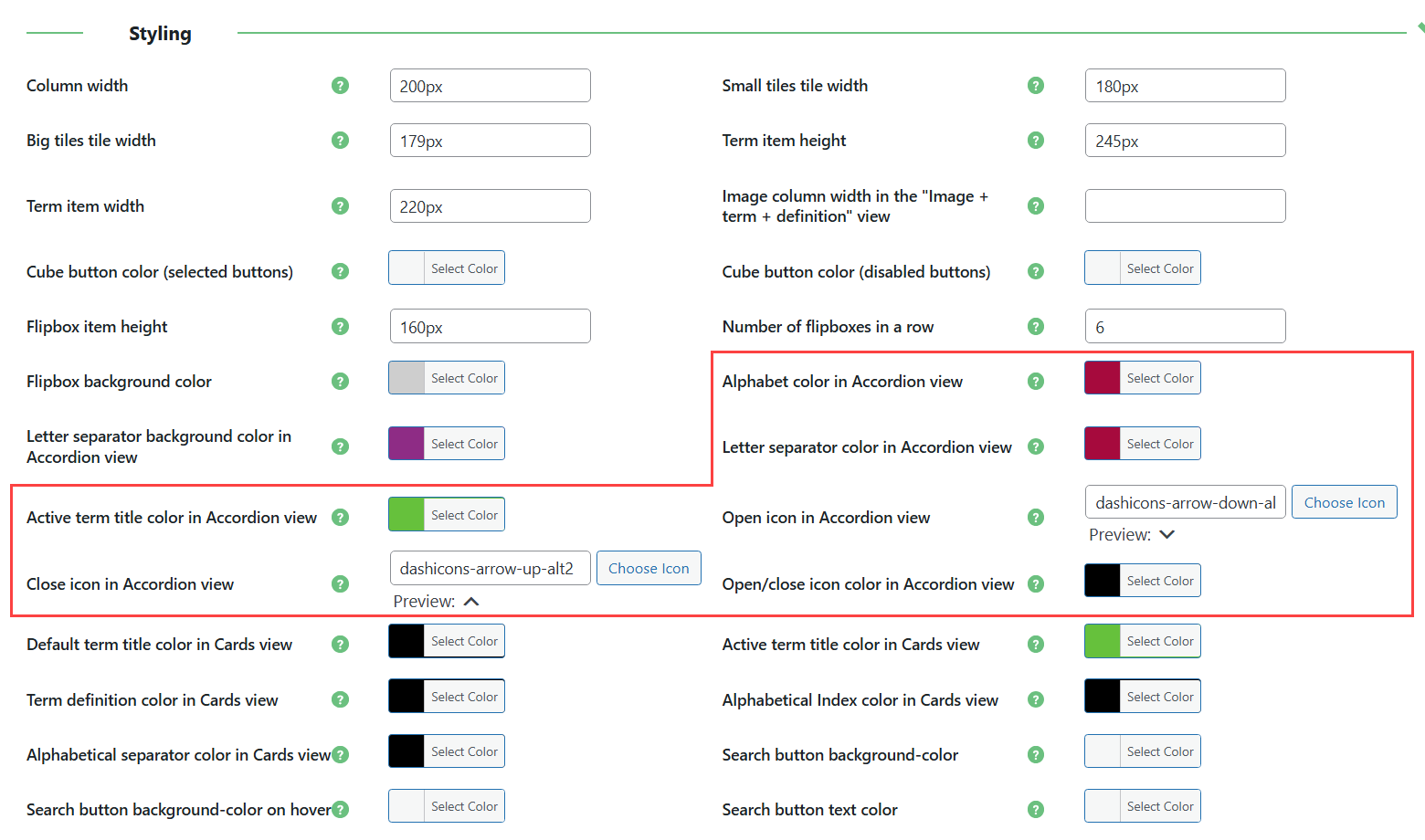 Extra settings for Accordion View 2 - Knowledge Base WordPress Plugin