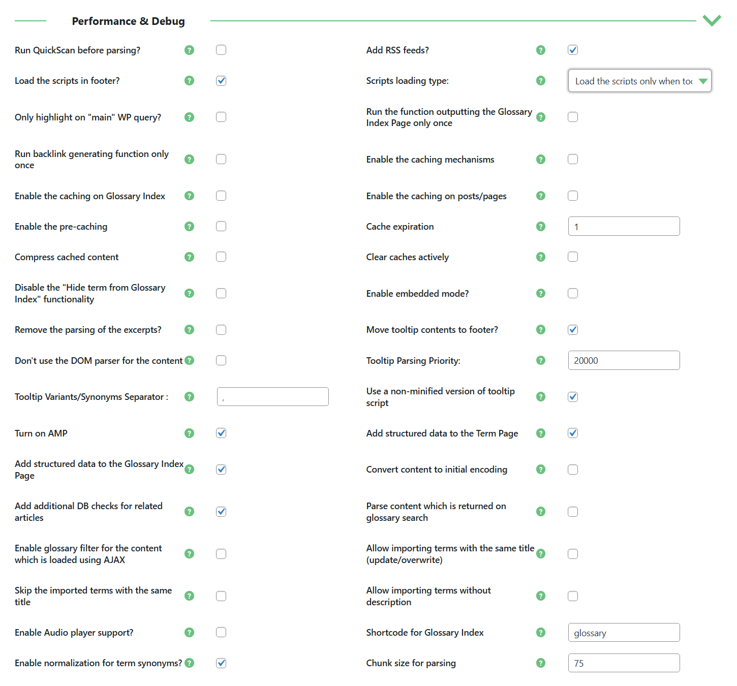 Performance & debug settings - WordPress Glossary Plugin