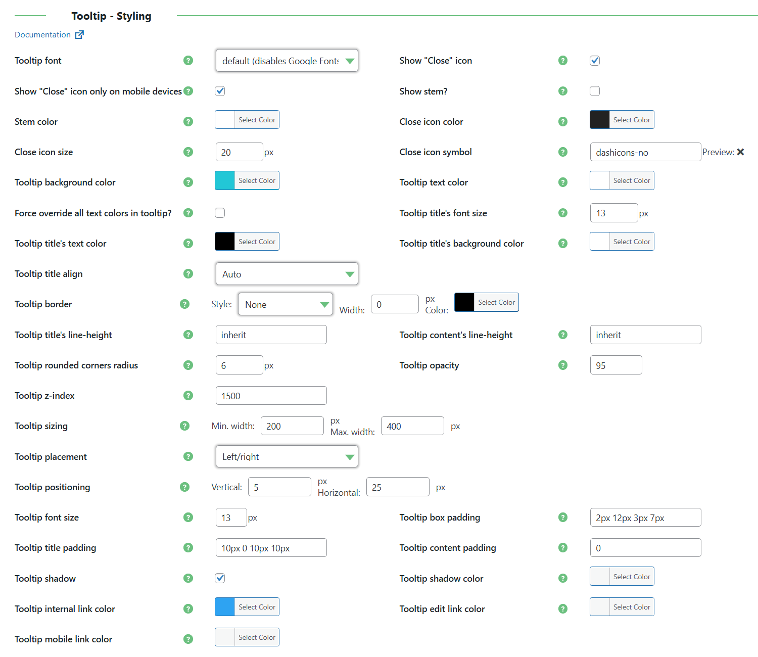 Tooltip styling settings - Wiki Plugin for WordPress