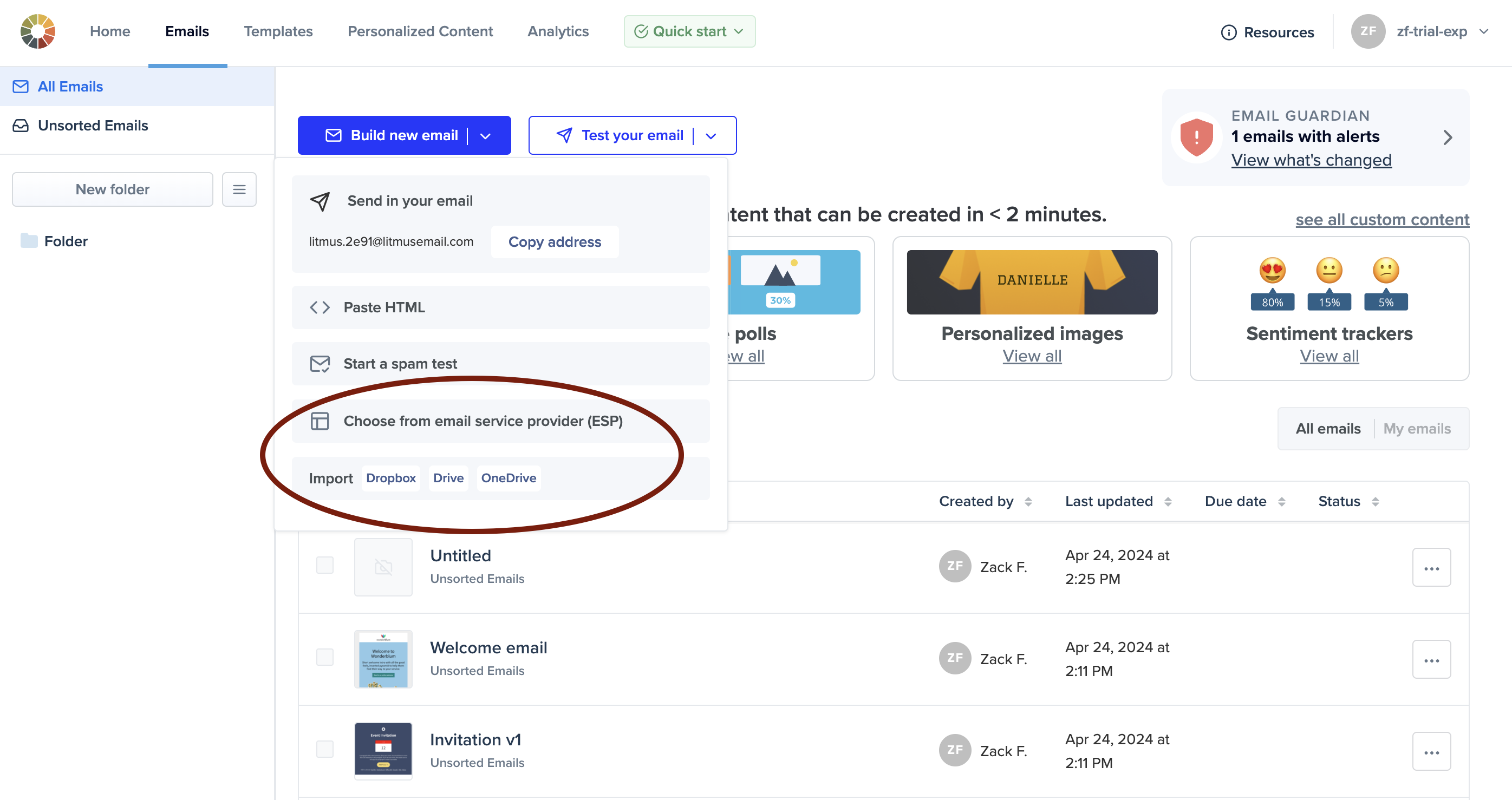 ESP connection and upload options on the test your email dropdown