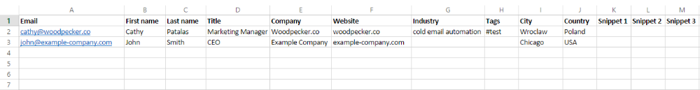 Example spreadsheet