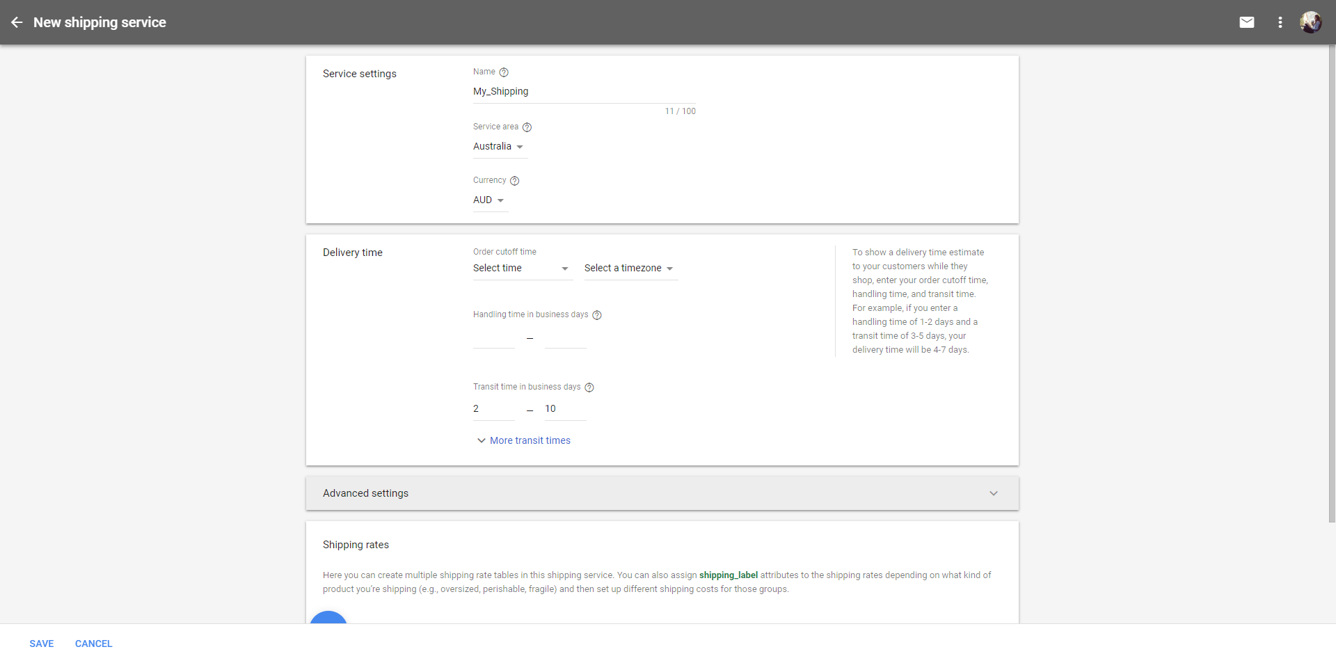 Google merchant center add new Shipping Services