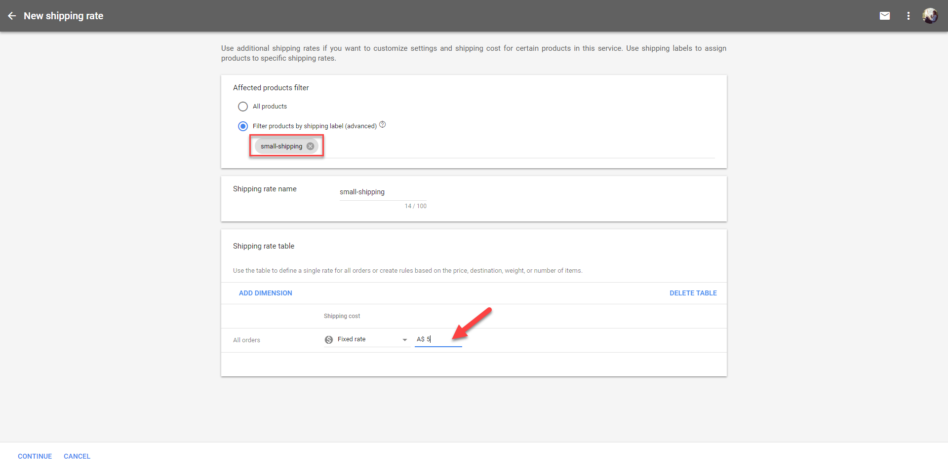 google merchant center select Filter products by shipping label