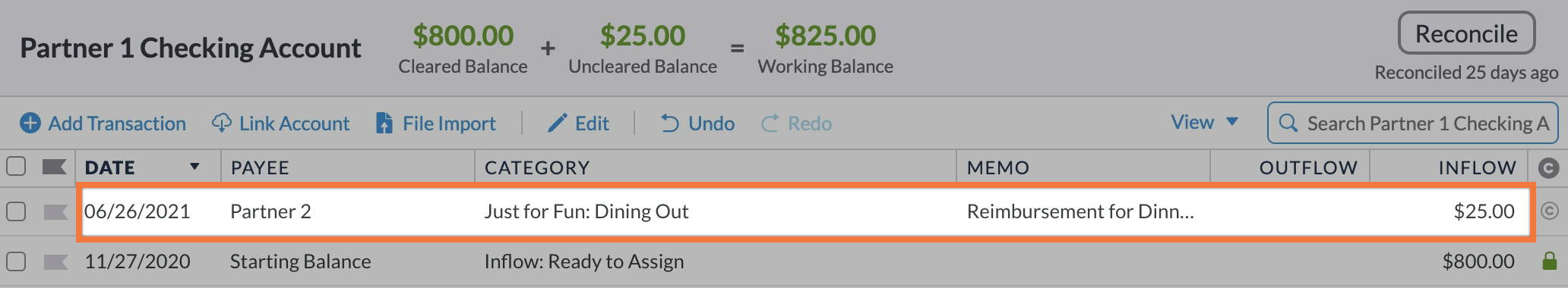 Partner 1's checking account register shows a $25 inflow transaction categorized as Dining Out