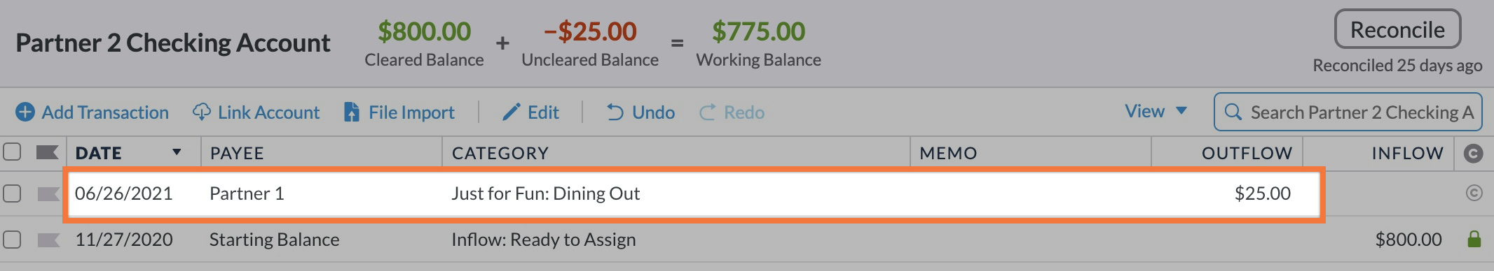 Partner 2's checking account register shows a $25 outflow transaction categorized as Dining Out