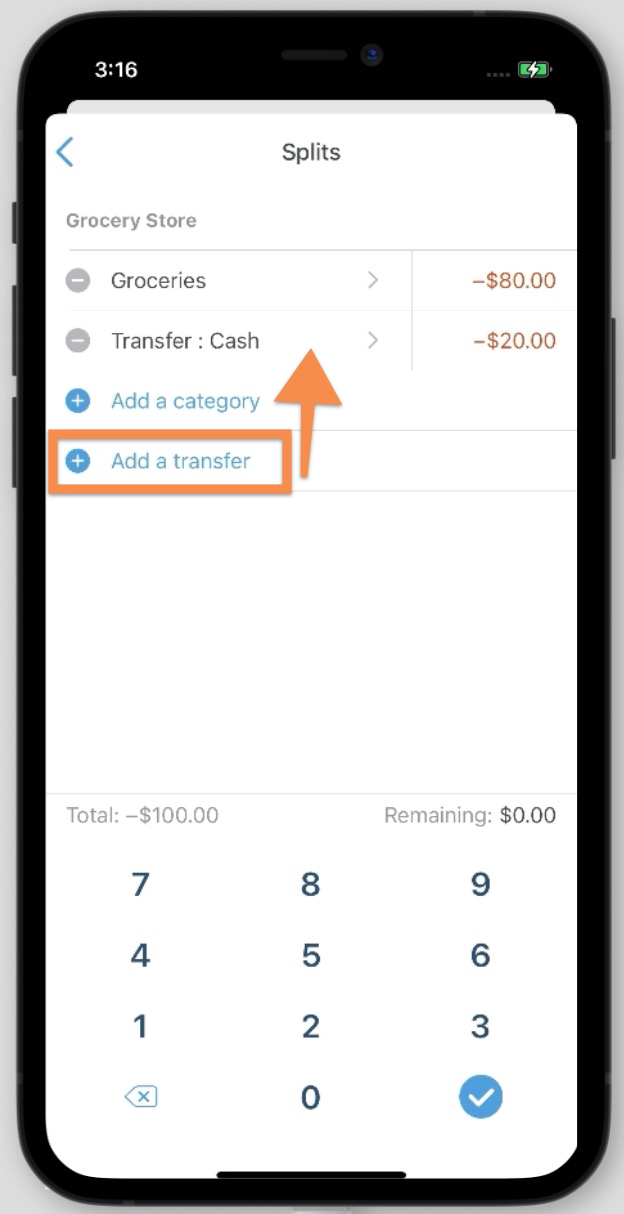On the Splits window in addition to the category options, you can tap Add a Transfer to move funds to a selected account.