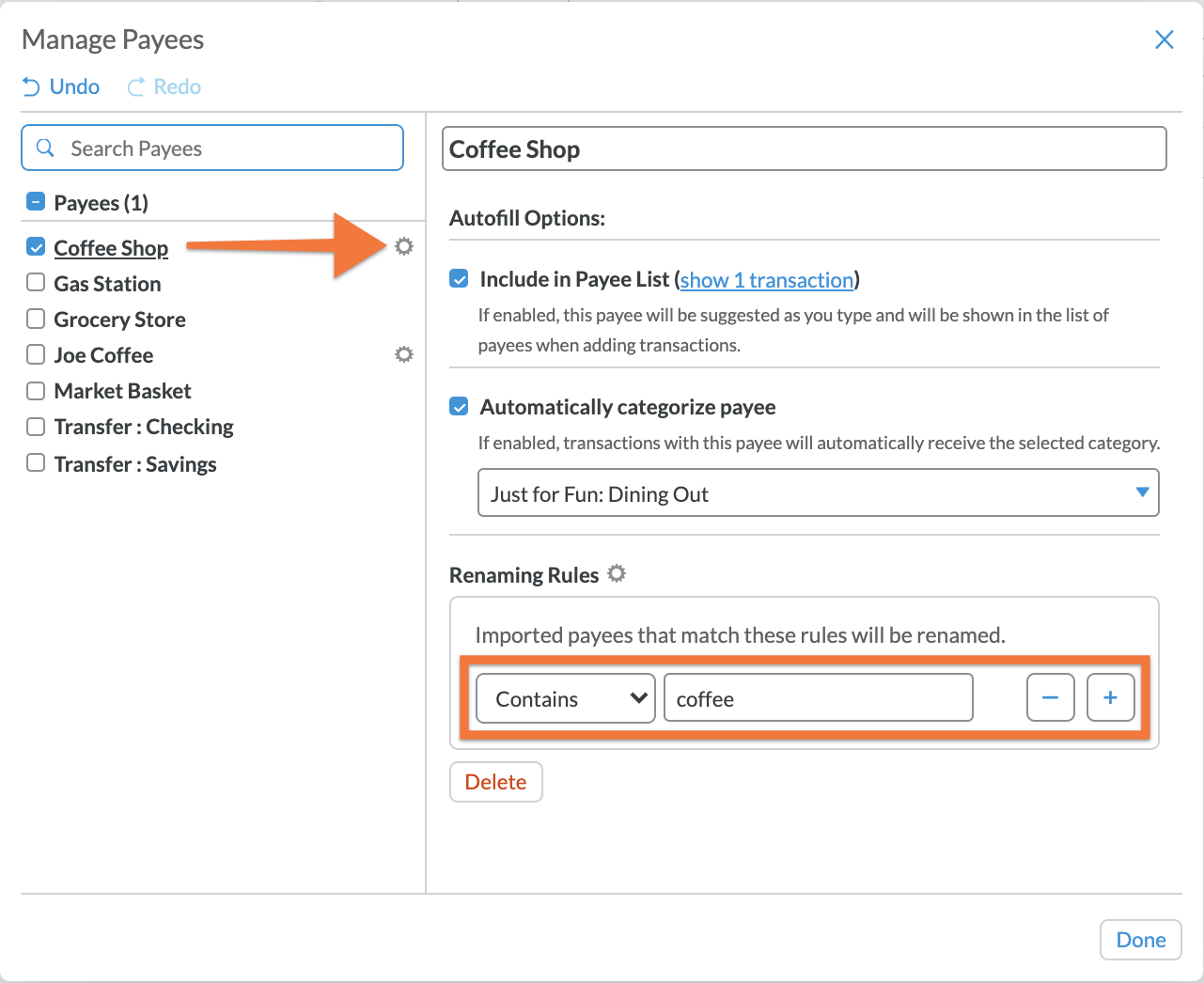 In the renaming rules section, use the drop down to select is or contains then type a word or words in the text field