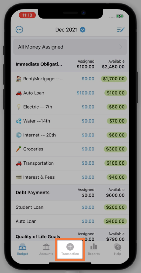 the add transaction button is at the bottom of the screen in the middle of five buttons