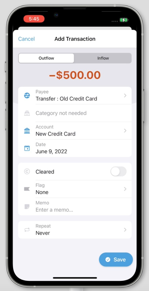 Balance transfer transaction shows a $500 outflow from the new credit card to the old credit card.