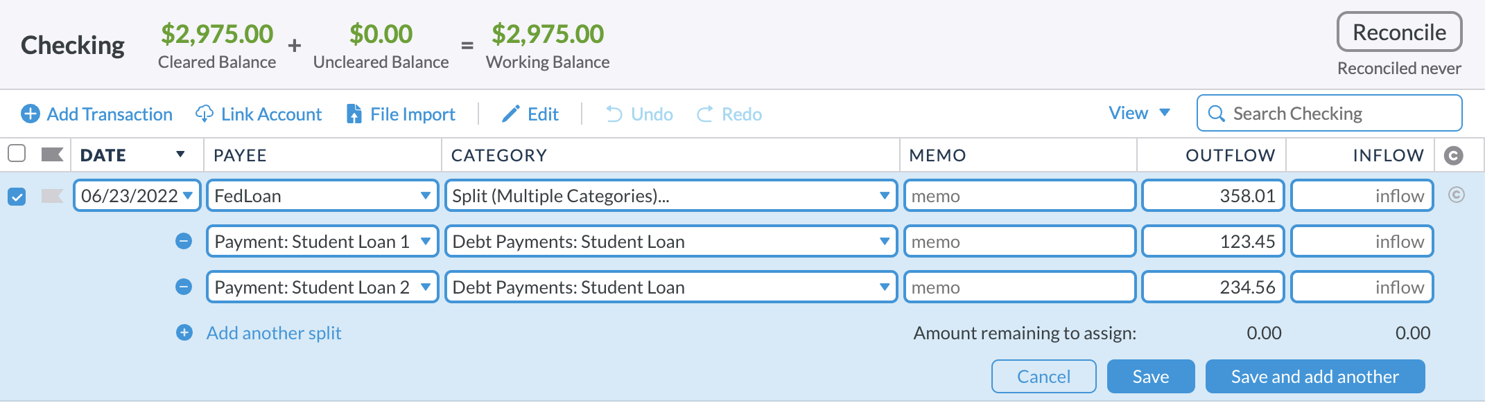 A split transaction represents a loan payment applied to more than one loan