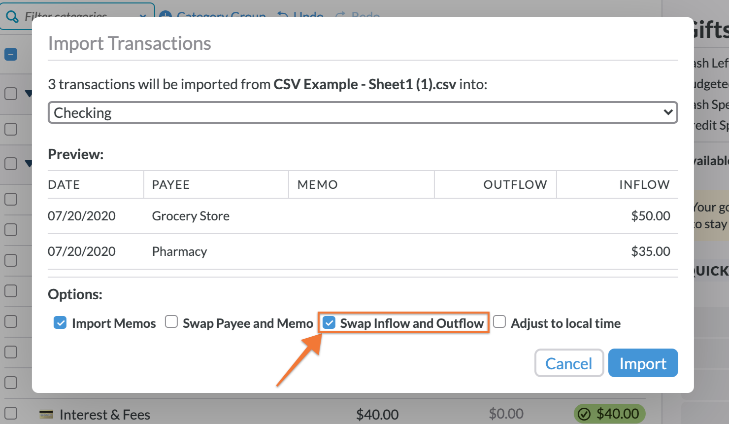 After dragging a file into YNAB, an options menu allows you to click the box by Swap Inflows/Outflows before clicking Import