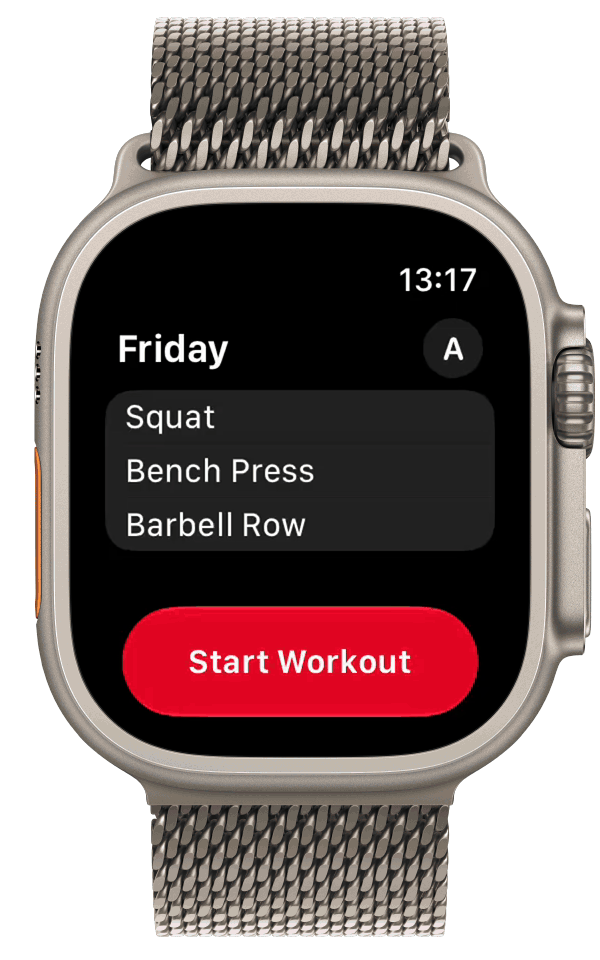 Change the weight with the ± button in StrongLifts on Apple Watch, from 200lb to 210lb
